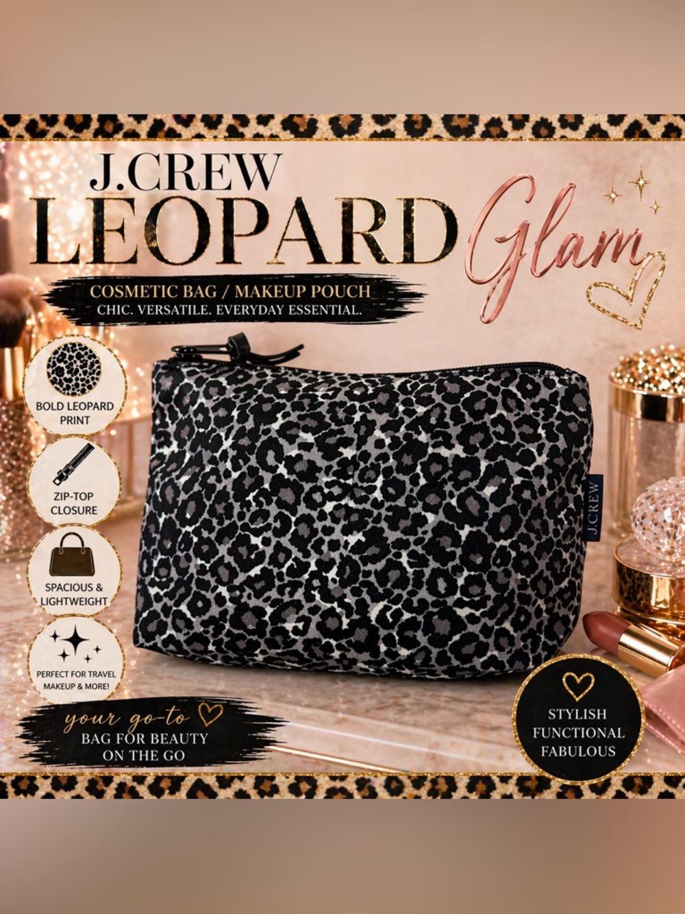 Black Gray Leopard Print Cosmetic Bag Makeup Pouch Zip Top Travel Case